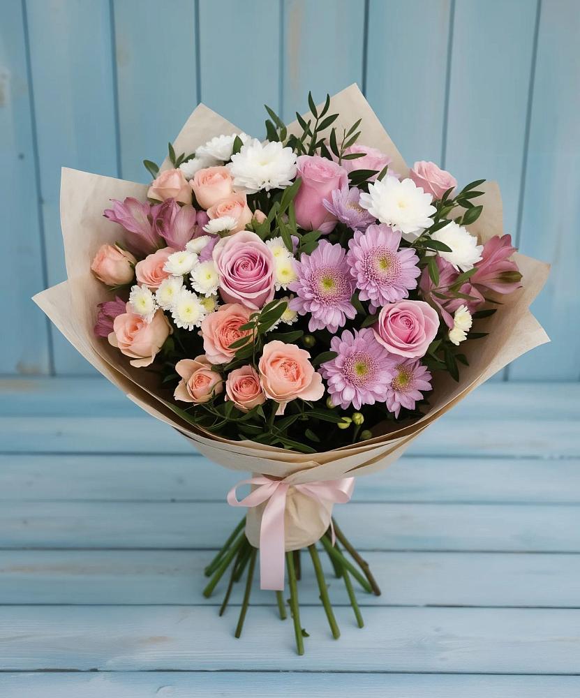 Букет цветов из: Хризантемы, Розы и Альстромерии в Шереметьевка
