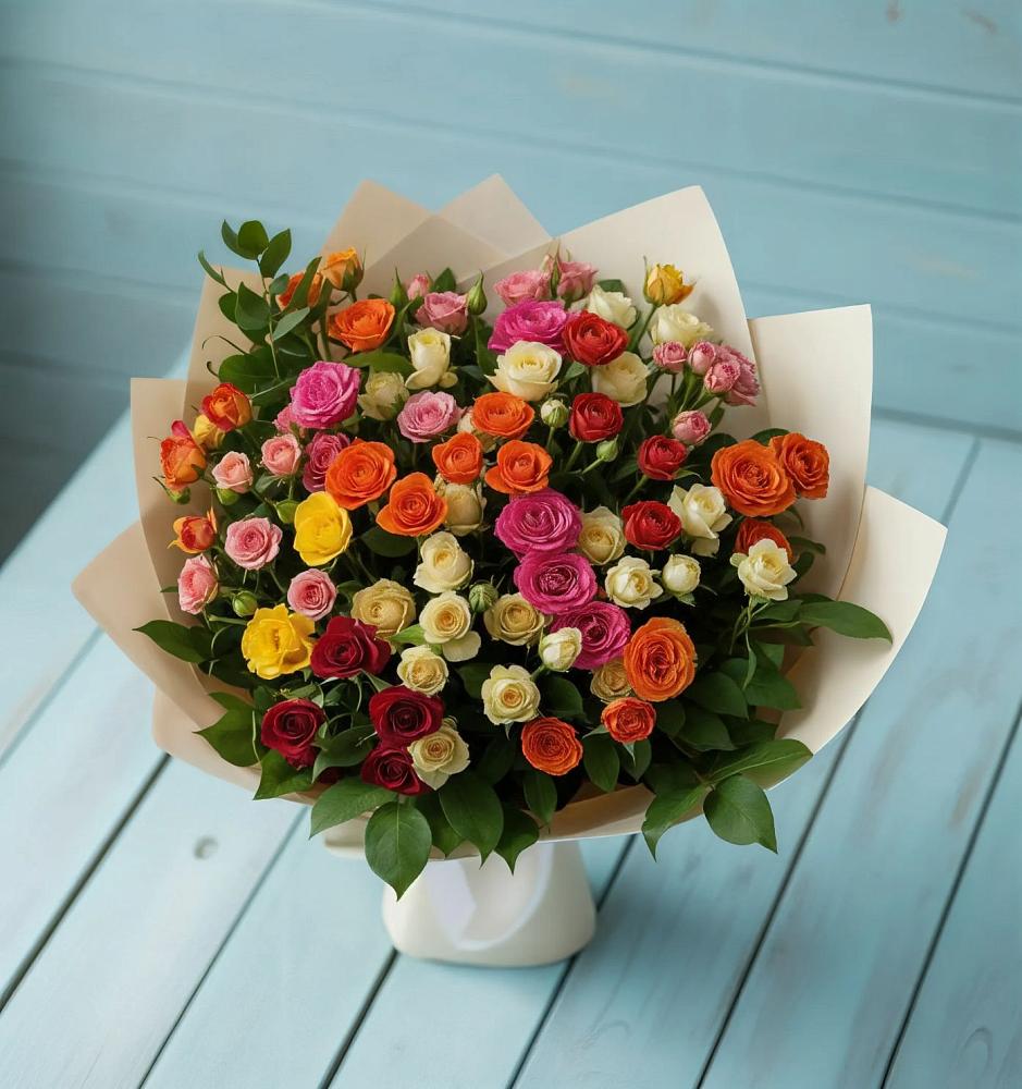 Букет Микс из разноцветных кустовых роз в Шереметьевка